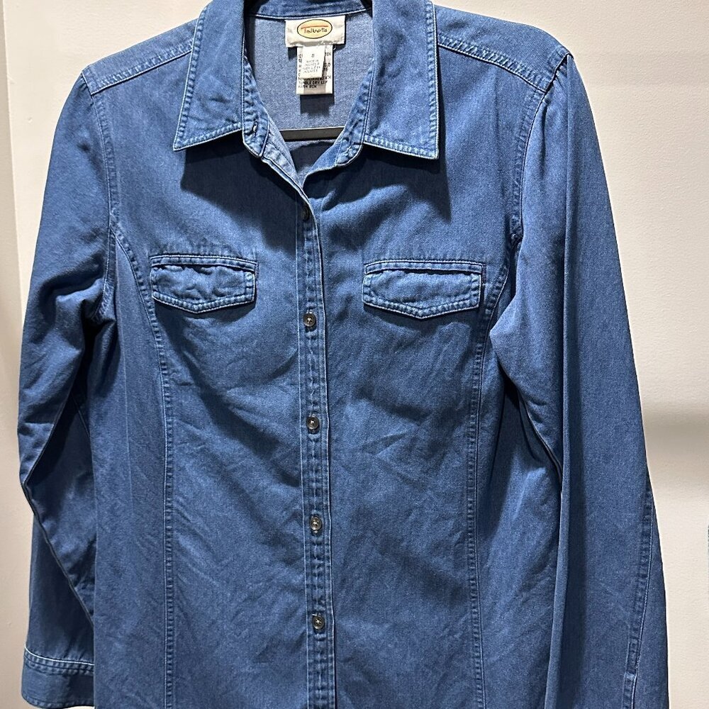 Talbots Denim Light Blue Button Down 100% Cotton Long Sleeve Top, Size Small
